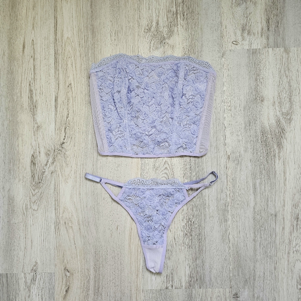 New Wisteria Floral Corset Mesh Lingerie Thong Matching Set Medium